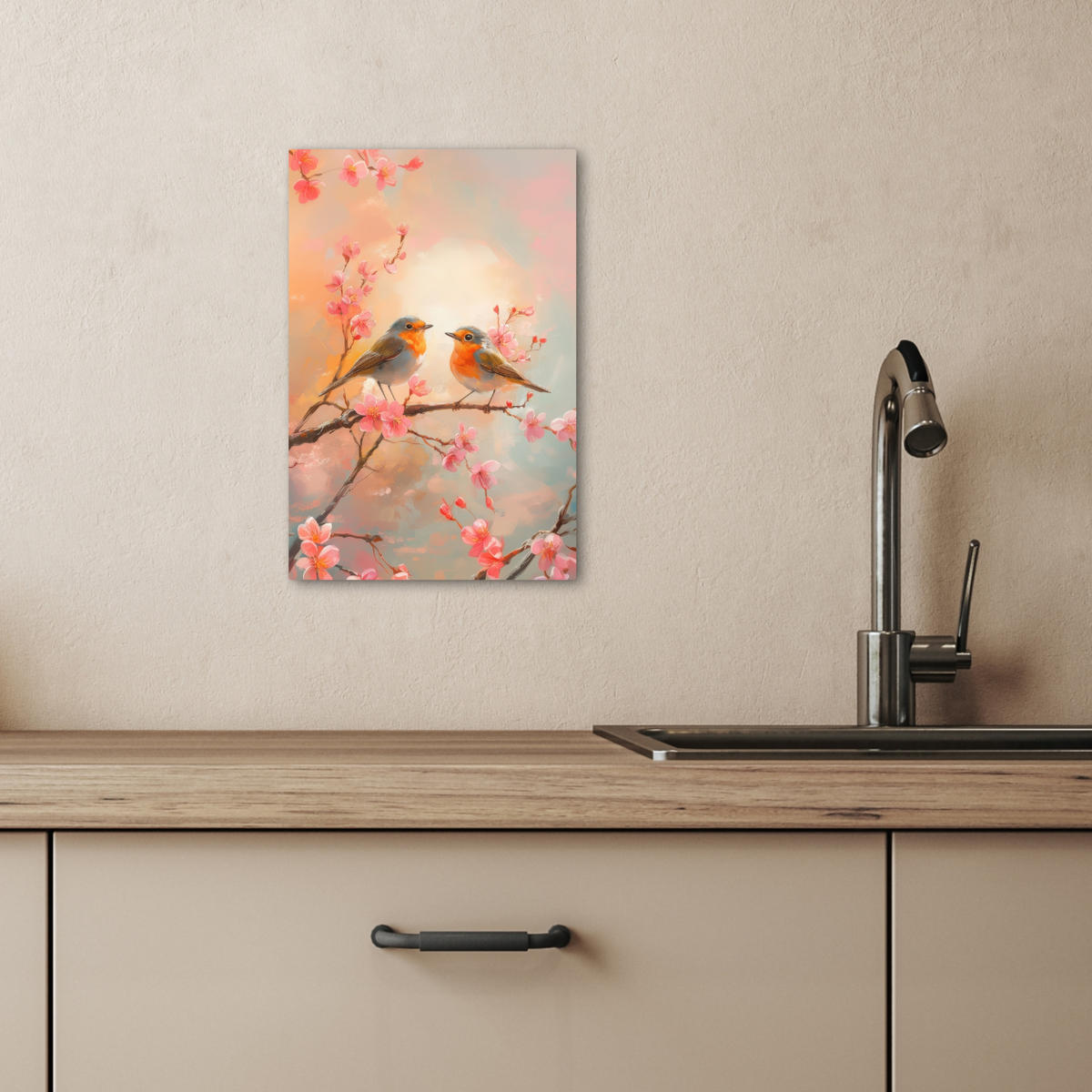 LEINWANDBILD Rotkehlchen - Zierpflanze - Blütenzweig 20x30 cm - Hellrosa, Textil (20/30cm) - MuchoWow