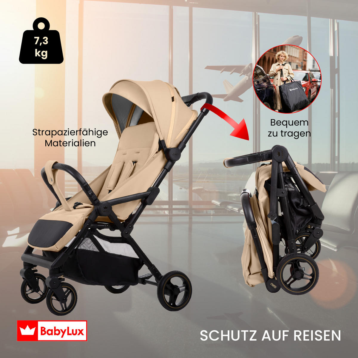 BUGGY Giau, Klein und Leicht, Teleskopische Führung, Kompakt Faltbar, Wickeltasche, Reisetasche - Schwarz/Braun, Textil/Metall (58/98cm) - BabyLux
