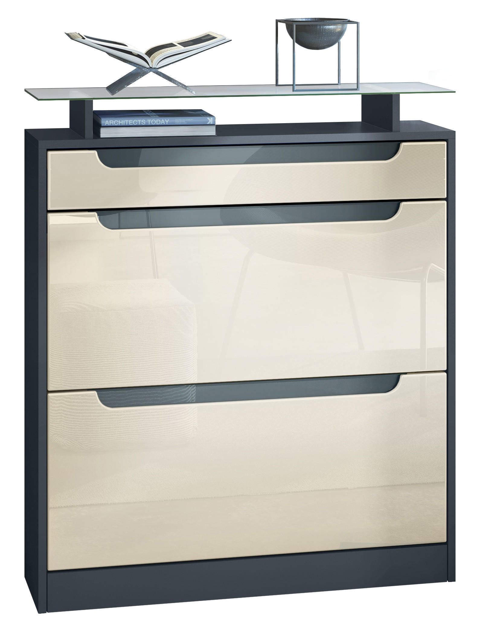 SCHUHSCHRANK Fiesta Fronten in Creme Hochglanz, Griffmulden in Grau Hochglanz - Creme, Holzwerkstoff (89/104/23cm) - Vladon