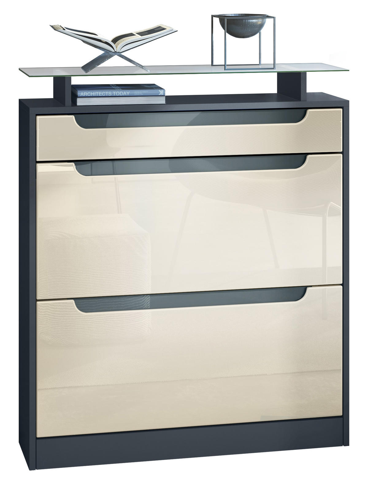 SCHUHSCHRANK Fiesta Fronten in Creme Hochglanz, Griffmulden in Grau Hochglanz - Creme, Holzwerkstoff (89/104/23cm) - Vladon