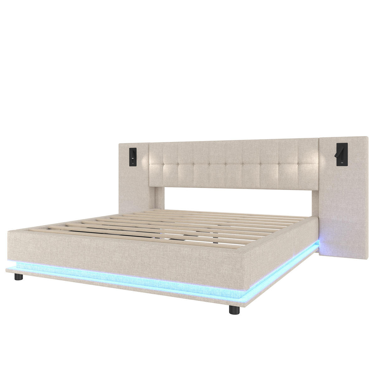 ČALÚNENÁ posteľ 180/200 cm s LED osvetlením, USB portom a lampičkou v čele, bez matraca, Béžová - béžová, textil (180/200cm) - Redom