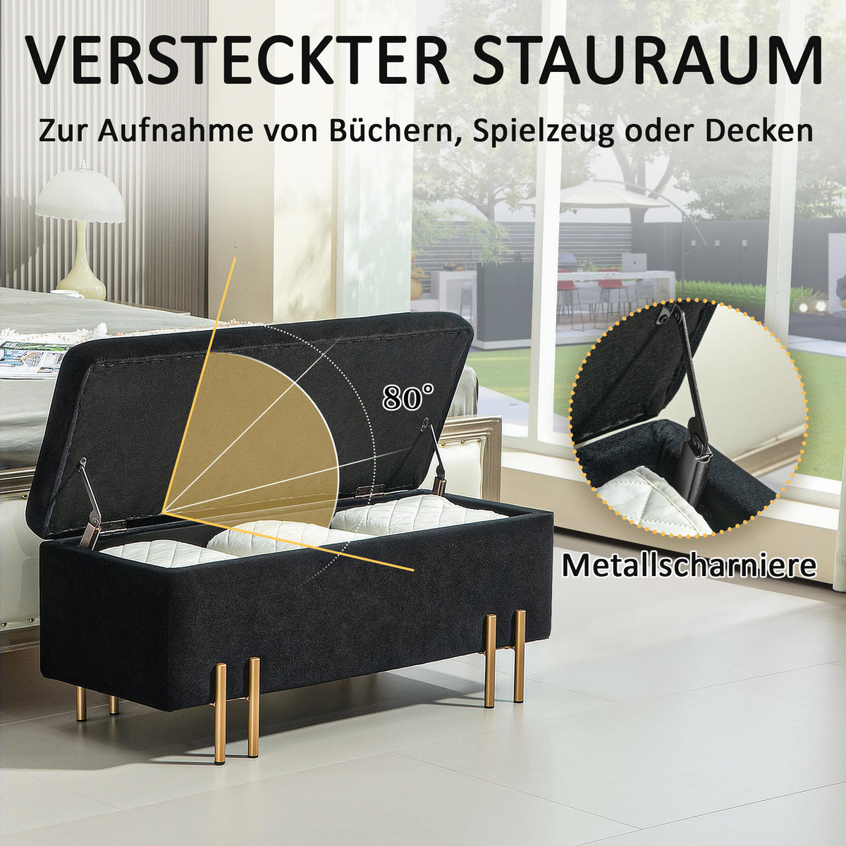 GEPOLSTERTE Sitzbank mit Stauraum, Metall, Kautschukholz, Schaumstoff Schwarz - Schwarz, Textil (40/42/100cm) - HOMCOM