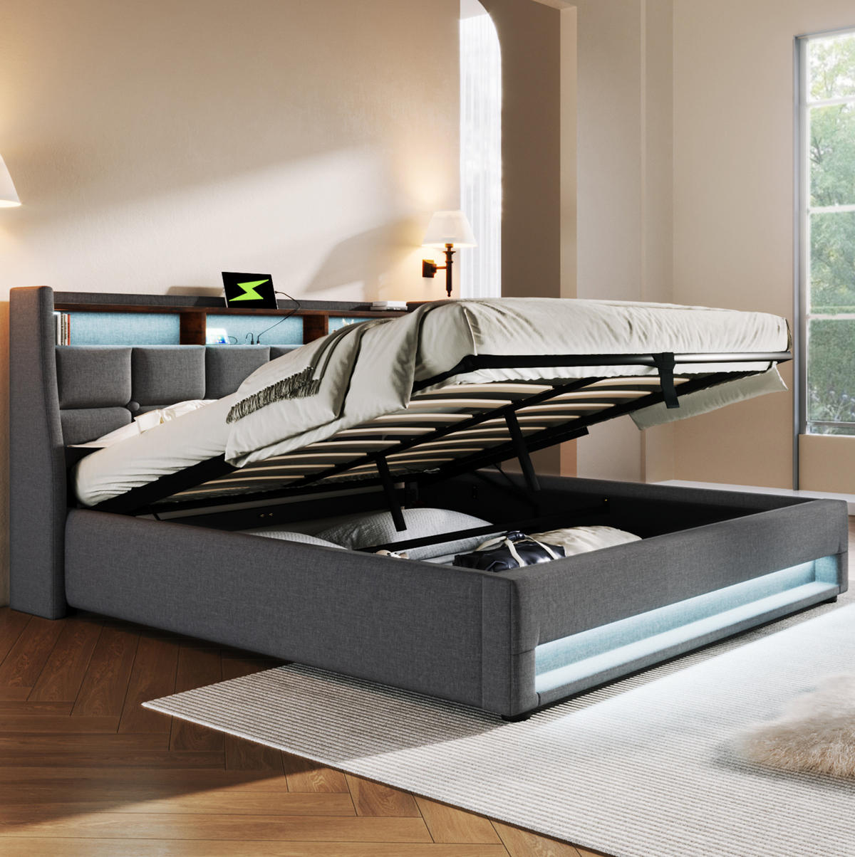 BETT mit USB und LED 140x200 cm Leinen Grau - Grau, Metall (140/200cm) - Meubliv