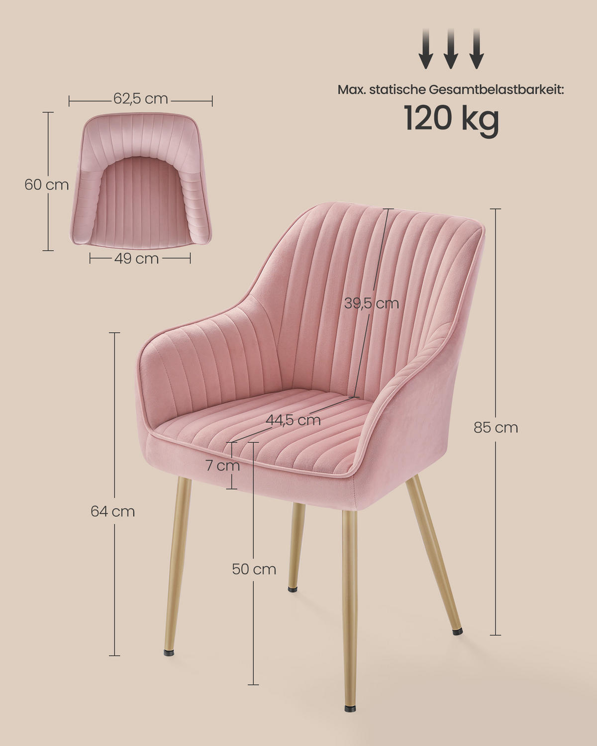 ESSZIMMERSTUHL Maggie - Hellrosa, Textil (60/84/60cm) - SONGMICS