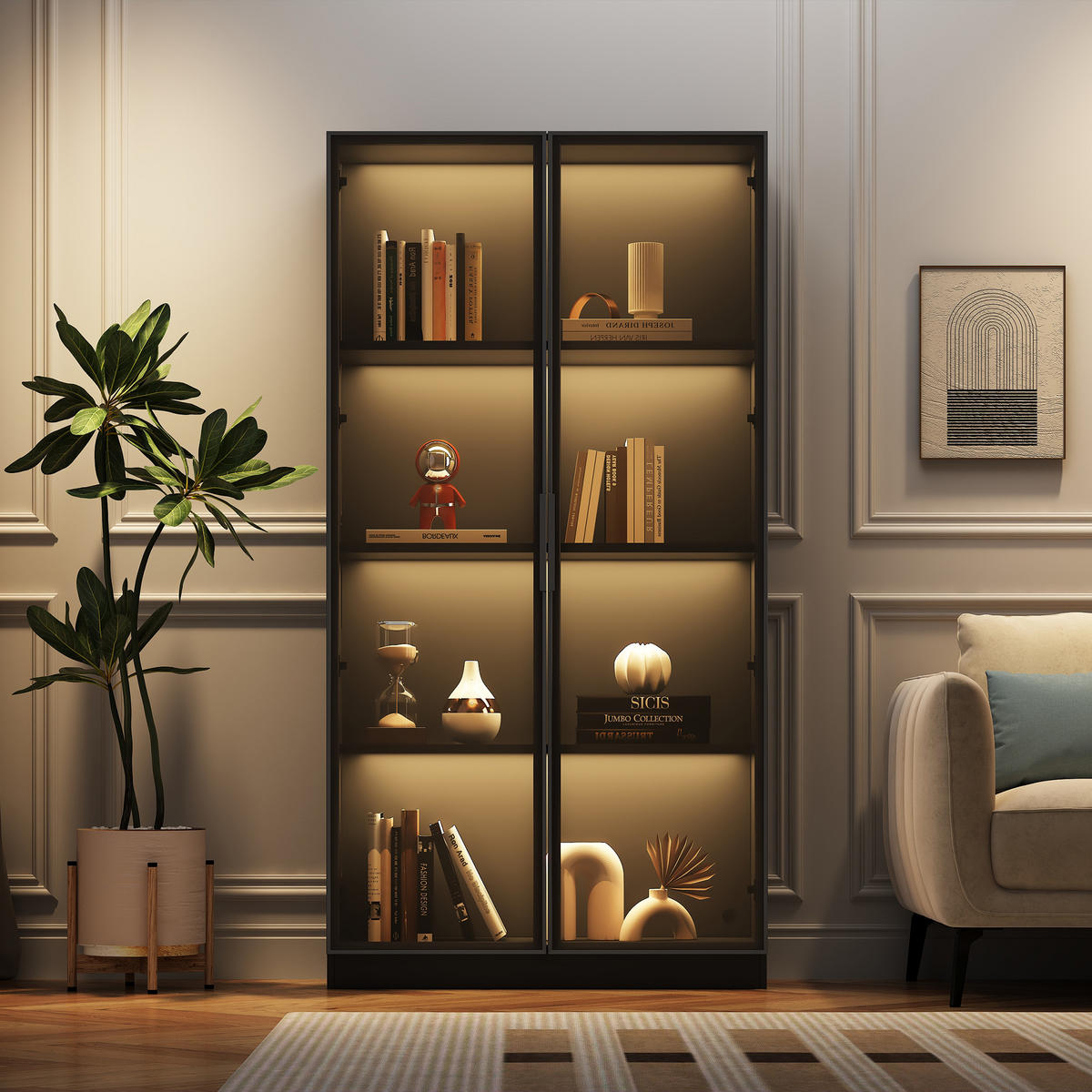 VITRINE aus Spanplatte mit Glastüren und App-LED, 80/40/160 cm, schwarz - Schwarz, Holzwerkstoff (40/160/80cm) - Redom