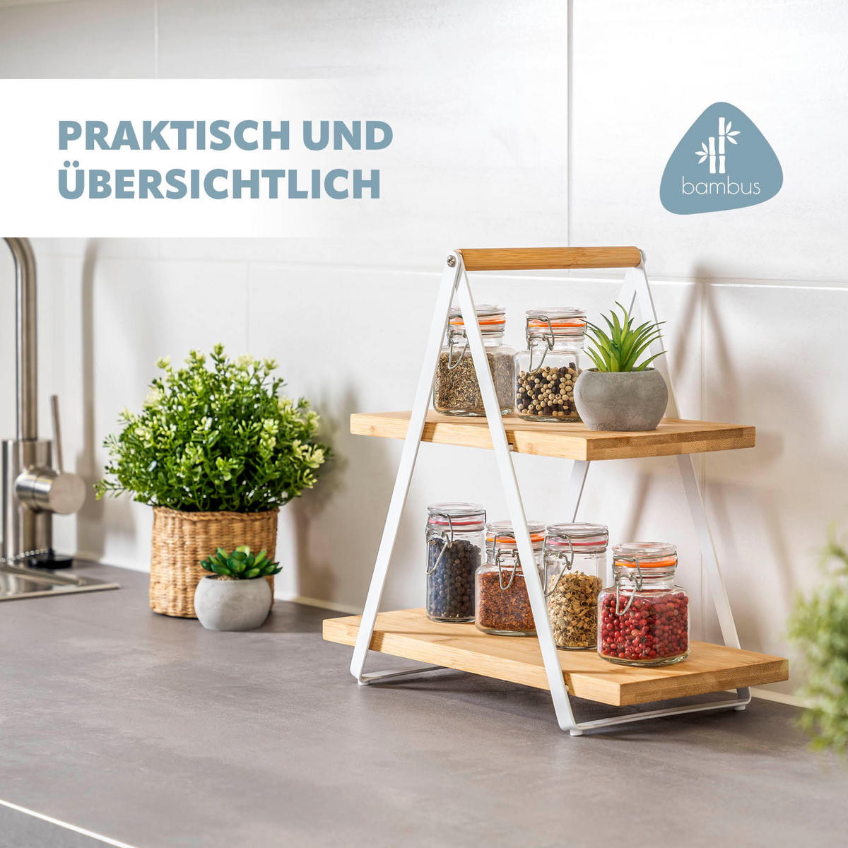 ETAGERE, Bambus, Metall - Weiß, Holz (1/32cm) - eluno