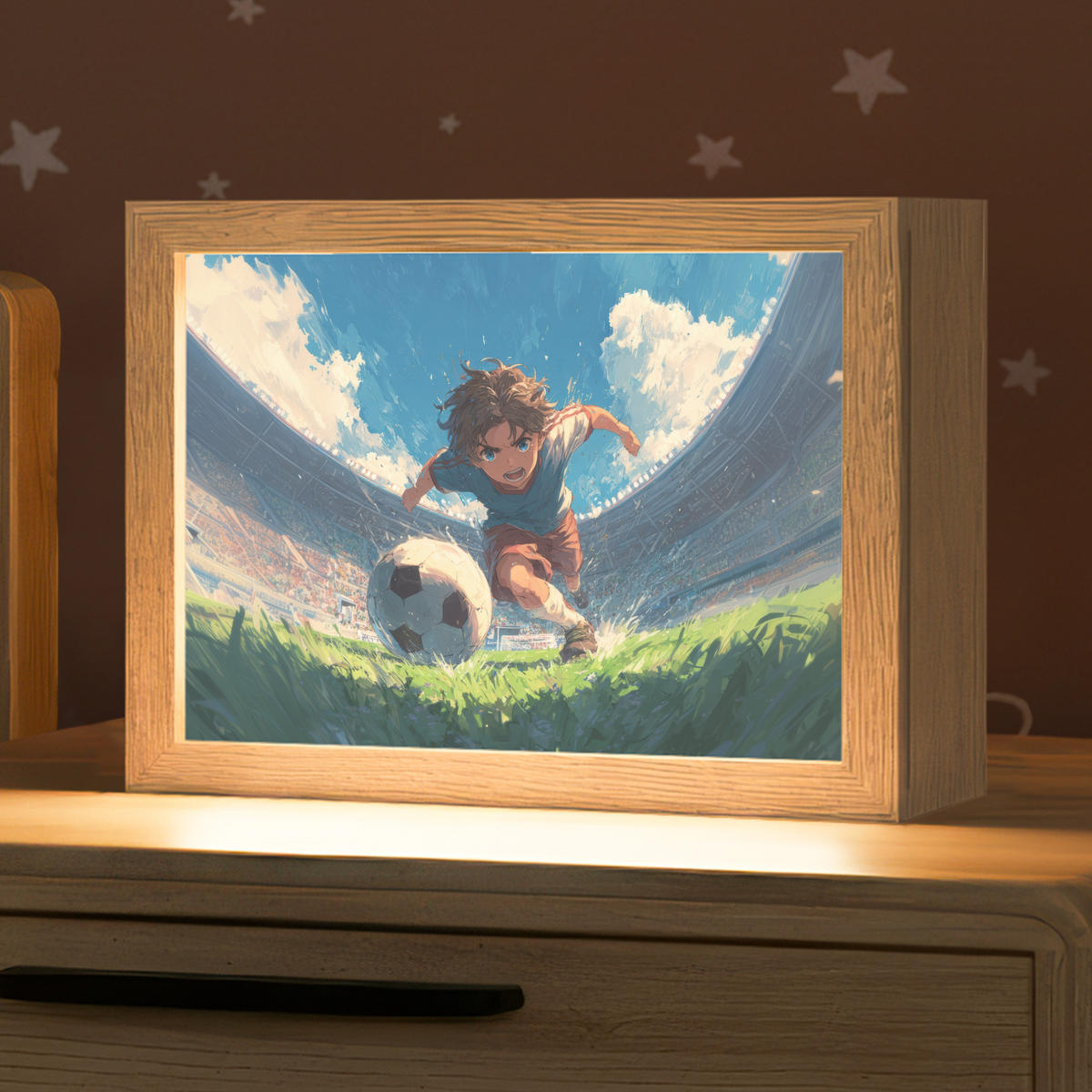 NACHTTISCHLAMPE Stadion - Fußballer - Ball 20x15 cm - Blau, Holzwerkstoff (8/20/15cm)