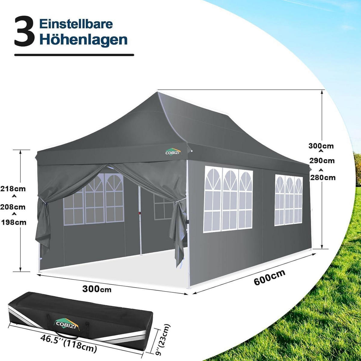 FALTPAVILLON 3 x 6 m Dunkelgrau Wasserdicht mit 6 Seitenteilen - Grau, Textil (300/300/600cm)