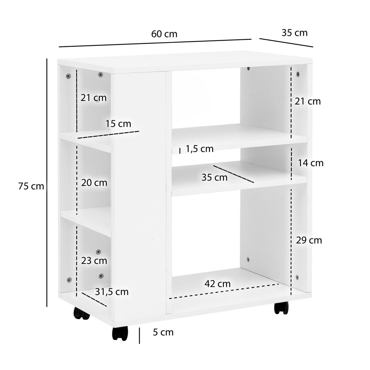 REGAL Multifunktional Mit Rollen Modern BRENTA, Weiß 60x35x75 cm - Weiß, Holz/Kunststoff (60/75/35cm) - KADIMA DESIGN