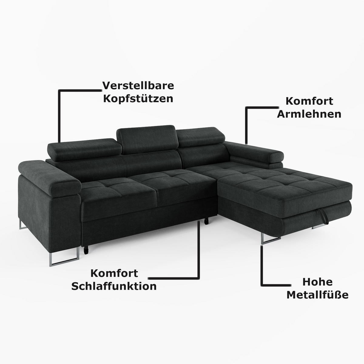 ECKSOFA VEMO MINI Rechts Hellgrau Velour-Stoff Kompakter Komfort für Wohnräume - Hellgrau, Textil (235/175cm) - Barchello