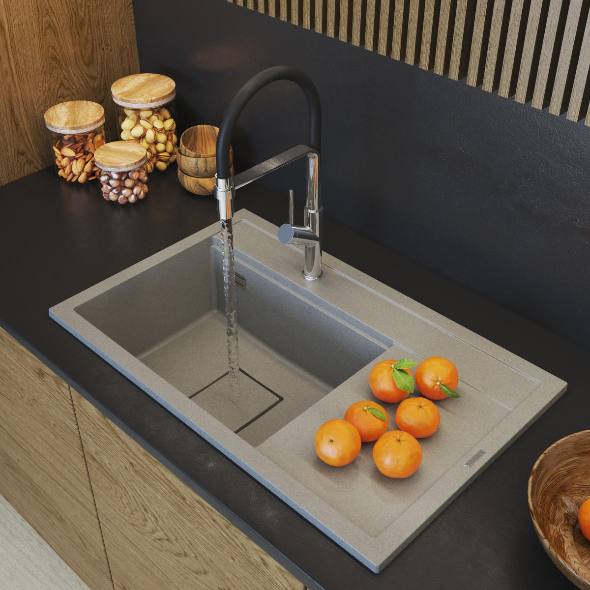KÜCHENSPÜLE Rendo mit Siphon Batterie - Beige, Kunststoff/Stein (51/22/81cm) - Granitan