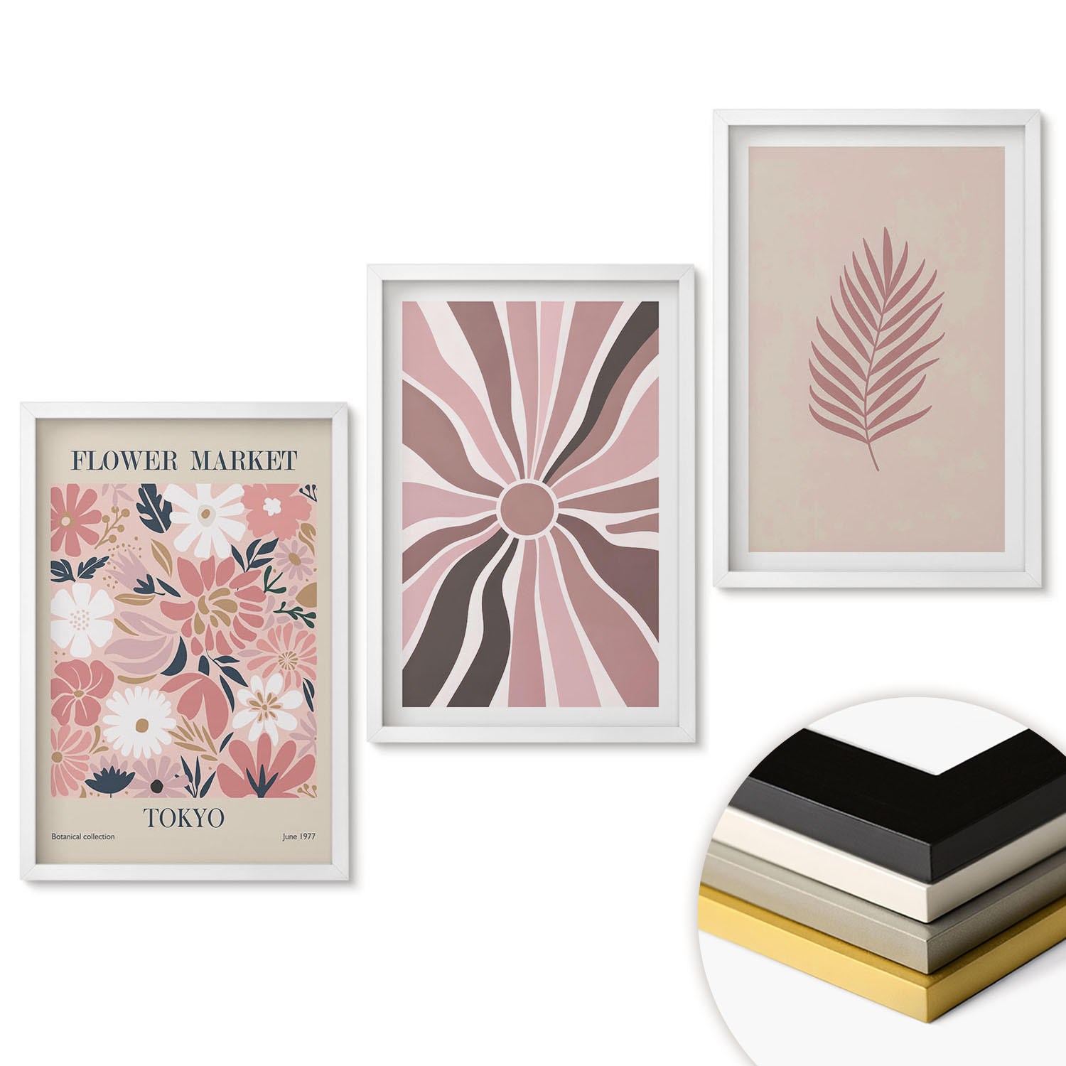 WANDBILDER 3er-Set - 40x60 cm Weißer Rahmen - Florale Blattmuster und Geometrie - Weiß, Kunststoff (40/60cm) - ArtPrintCave