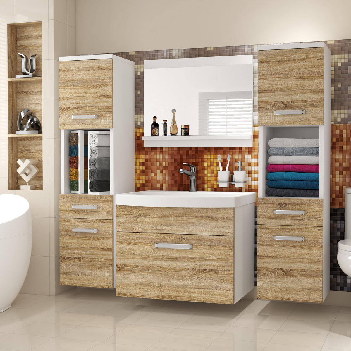 BADMÖBEL Badezimmer SET PRI M6, Sonoma Eiche Matt, 120 cm - Sonoma Eiche, Holz (38.7/113.5/120cm) - B BELINI GROUP