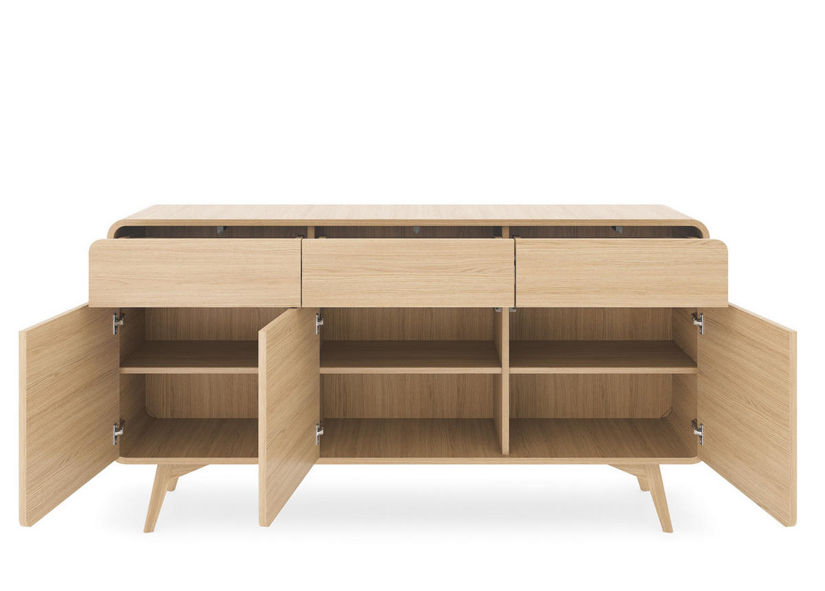 SIDEBOARD Velion Vincenza Eiche, Dreitürig mit Schubladen, abgerundete Kanten - Eichefarben, Holzwerkstoff (160/84/39cm) - Bettso