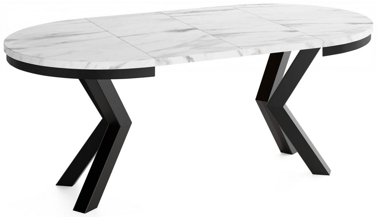 ESSTISCH Clara runder ausziehbarer, Marmor Weiß 100-180/100/76 cm - Ecru/Schwarz, Holzwerkstoff/Metall (100/180/76cm) - WFL GROUP