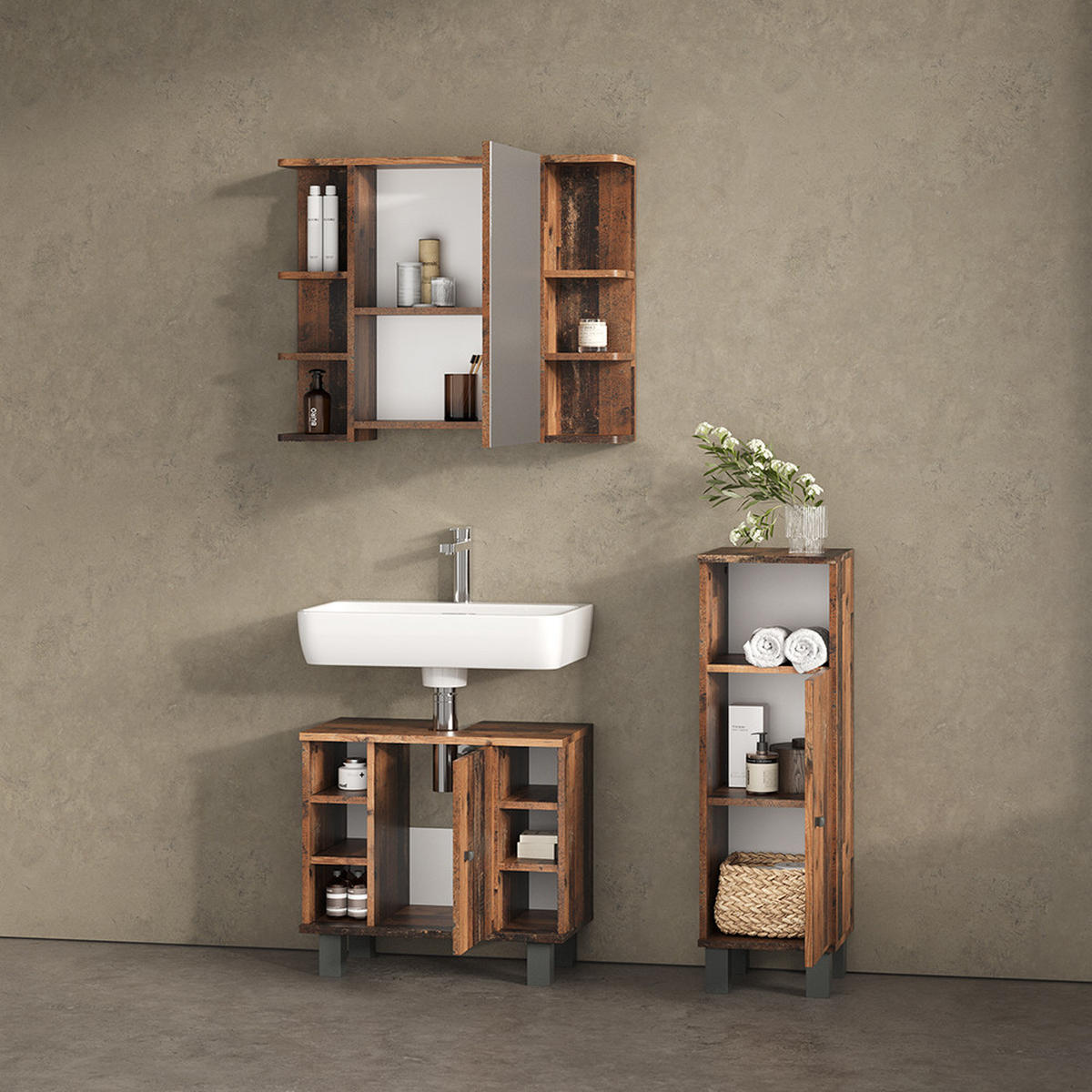 BADMÖBEL-SET Fucino Eiche rustikal 3 Teile, mit Midischrank - Wildeiche, Holzwerkstoff (60/54/32cm) - Livinity®