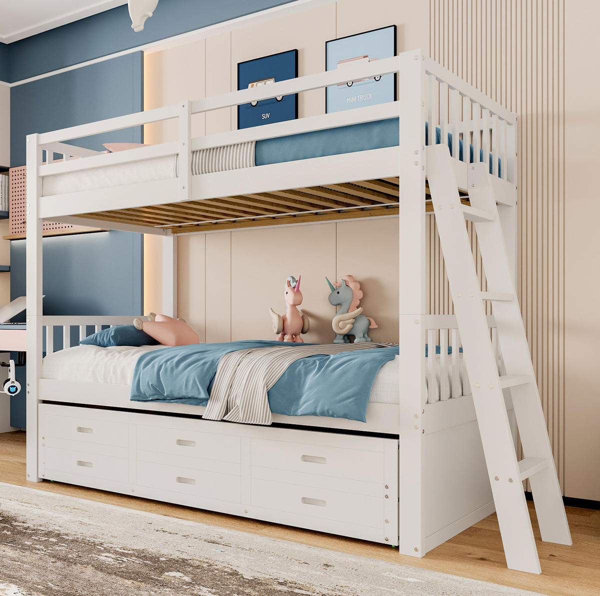 ETAGENBETT 90/200 cm aus Kiefer und MDF mit Ausziehbett und 3 Schubladen Weiß - Weiß, Holz (90/200cm) - Modenvie