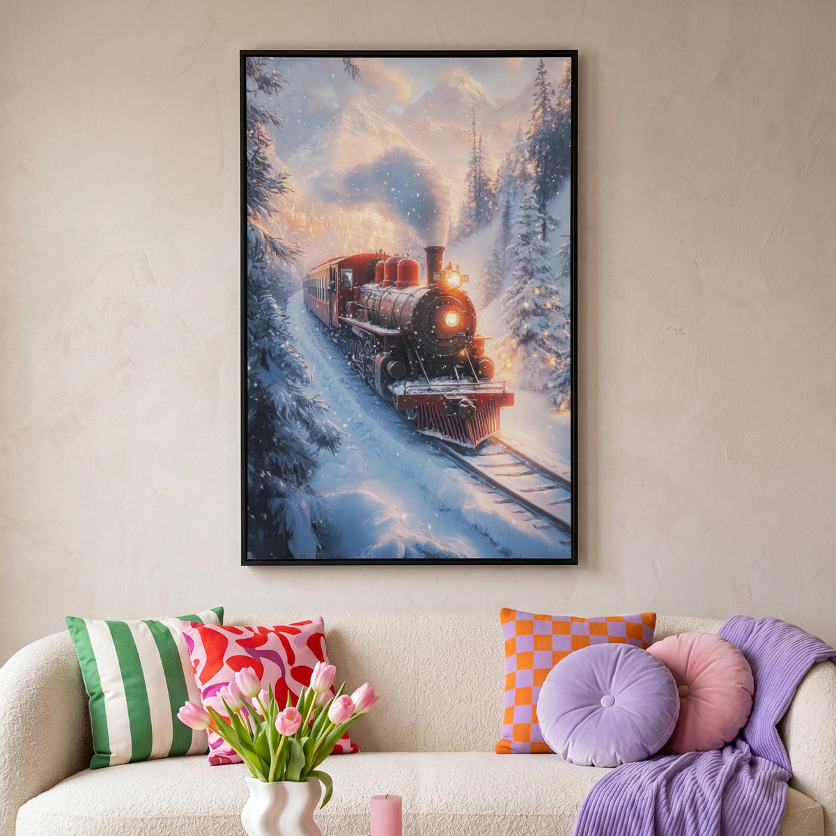 LEINWAND Bilder mit Rahmen - Weihnachtszug - Schnee - Winter - Weihnachten - 100x150 - Dunkelrot, Textil (100/150cm) - MuchoWow