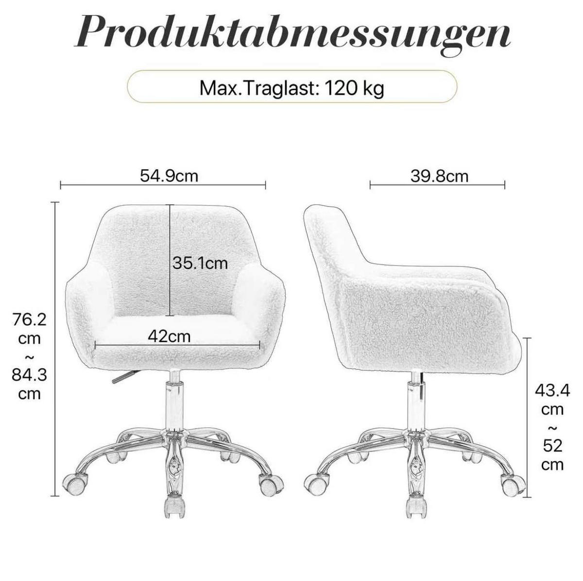 BÜROSTUHL in Weiß 53x53x55 cm mit Kunstfellbezug, höhenverstellbar und drehbar - Weiß, Kunststoff (53/55/53cm) - IVMEU