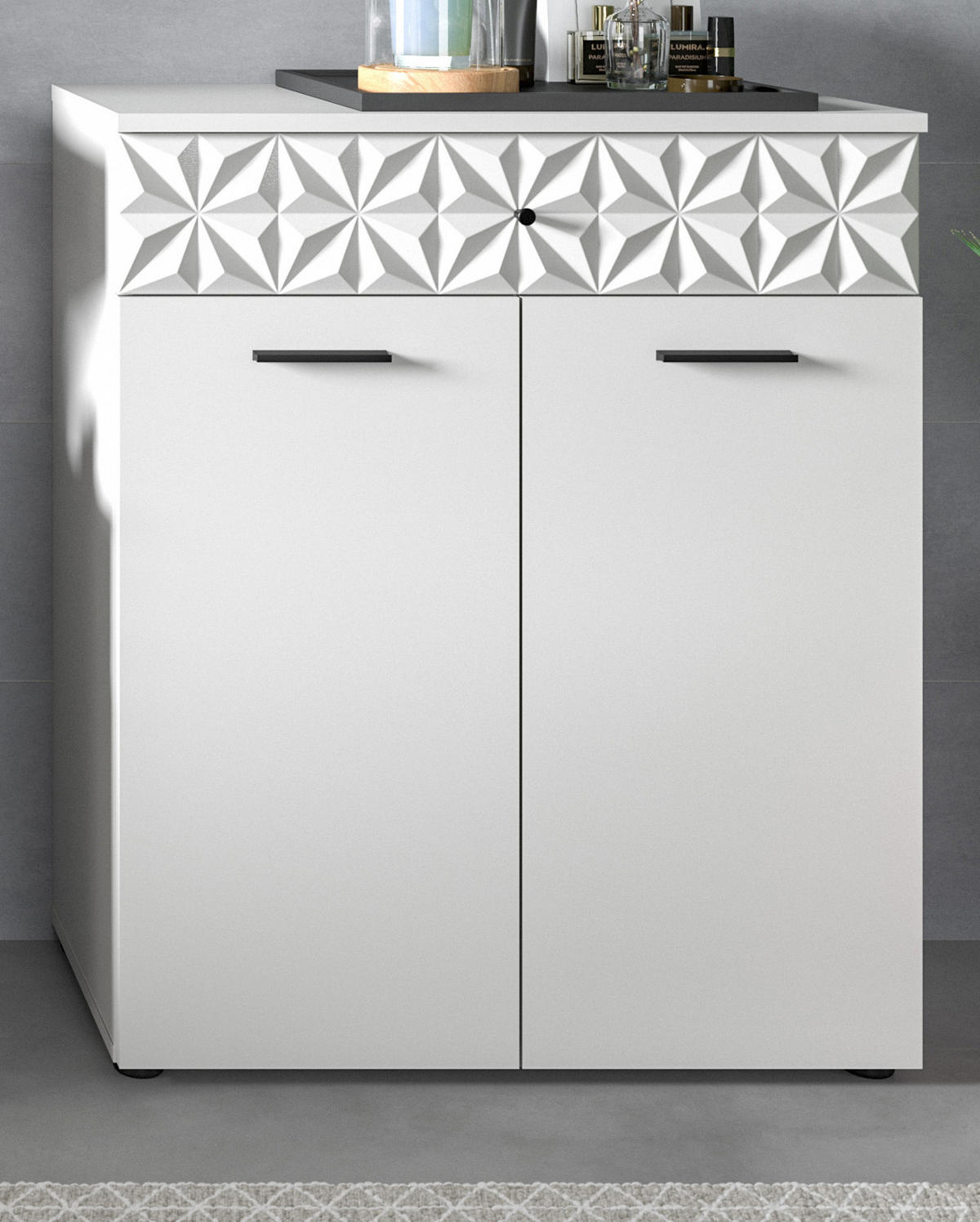 BADSCHRANK weiß Hochglanz 70 cm, Badezimmer Kommode mit 3D-Struktur - Weiß Hochglanz/Schwarz, Holzwerkstoff/Kunststoff (70/85/34cm) - Inn.Furn