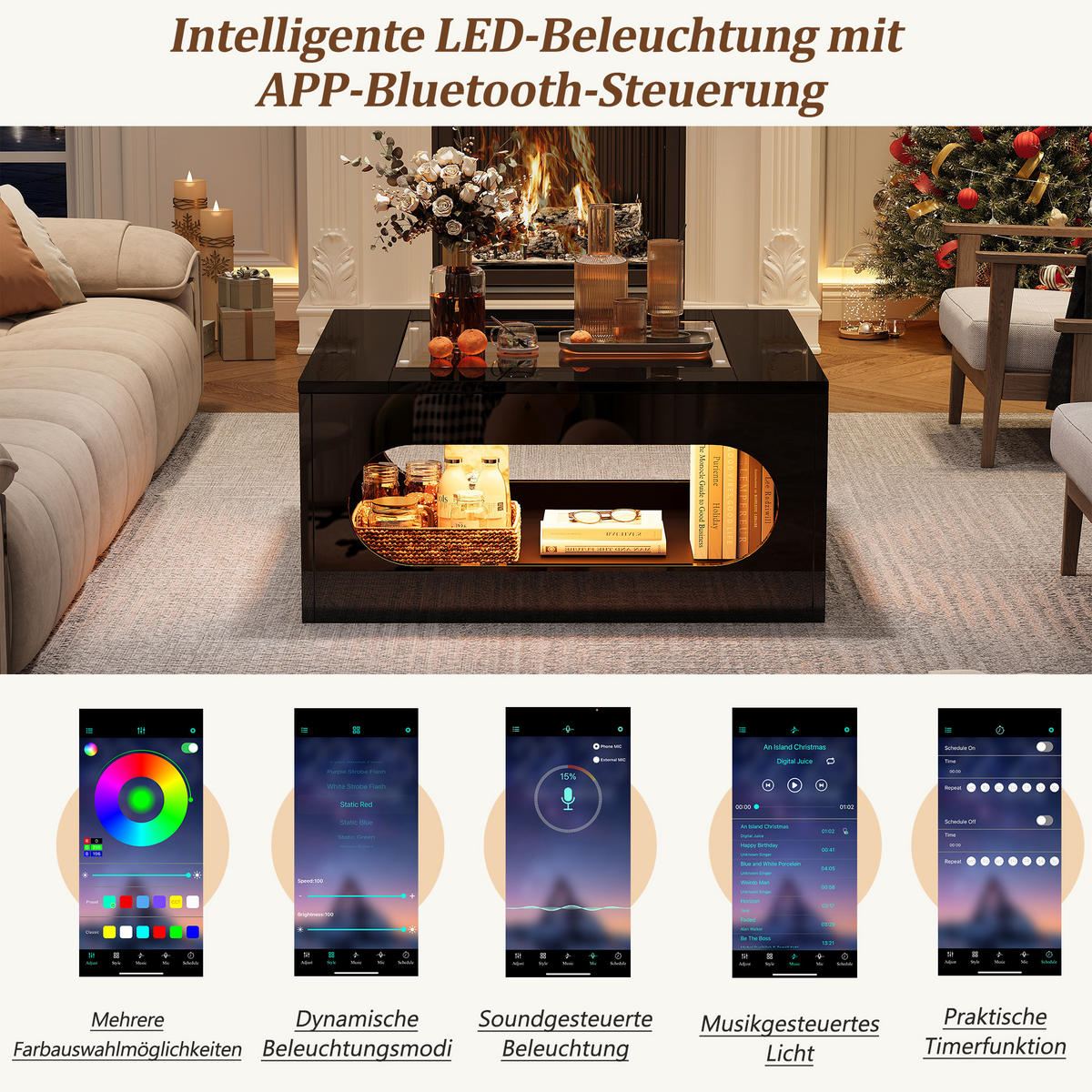 COUCHTISCH Schwarz Hochglanz mit LED & Glasplatte - Schwarz, Holzwerkstoff (70/70/35cm) - Urban Meuble