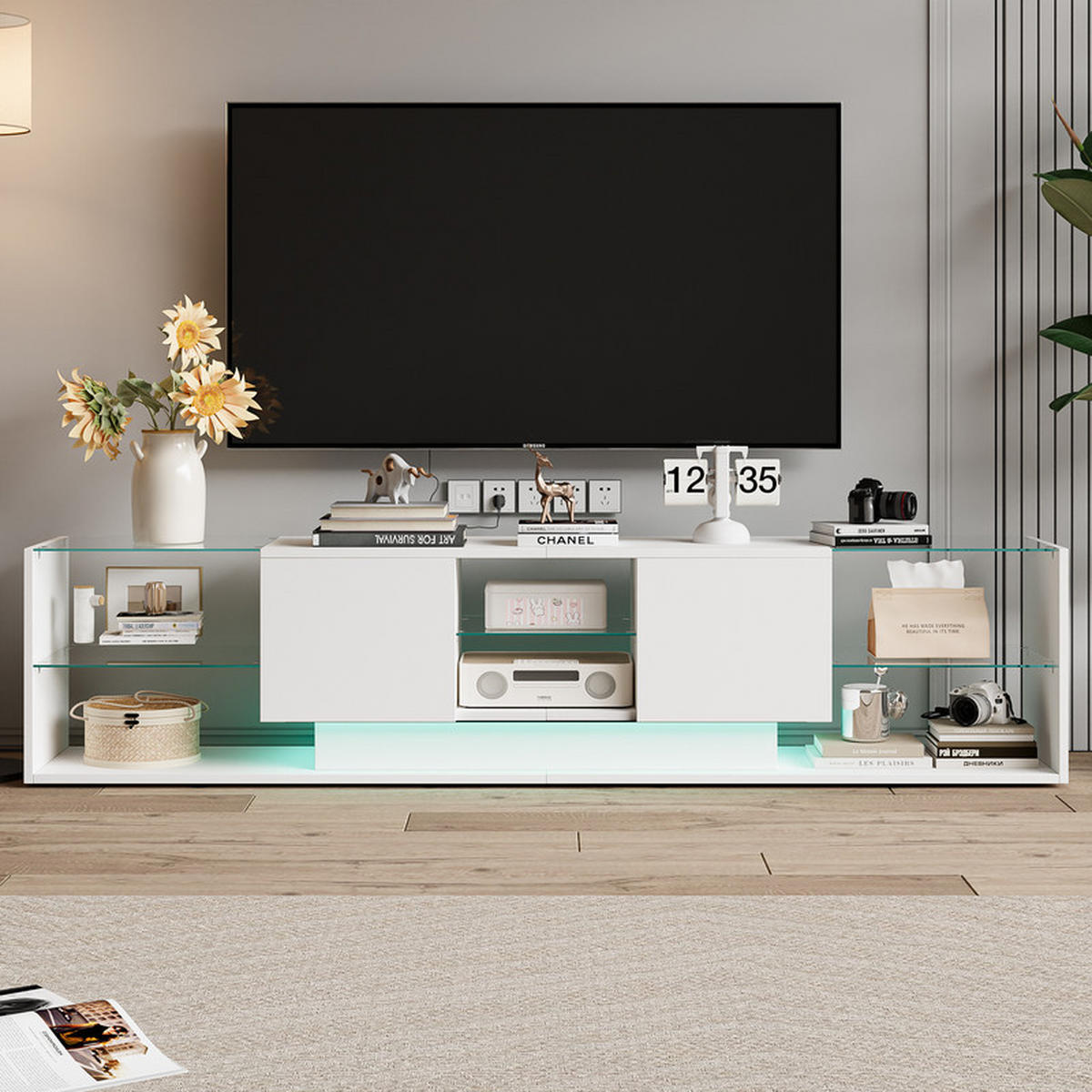 LOWBOARD, 200 x 35 x 45 cm LED Highlights mit Offenen Stauraum und 2 Schubladen, Glastrennwand, MDF - Weiß, Glas (35/45/200cm) - WoodenAura
