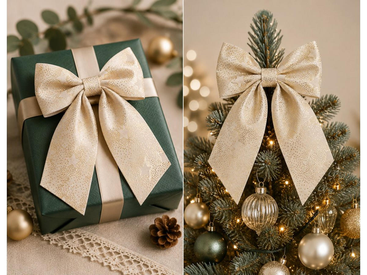 WEIHNACHTSSCHLEIFE creme mit Goldmuster, 20 × 23 cm - Creme, Naturmaterialien (23cm) - LAALU