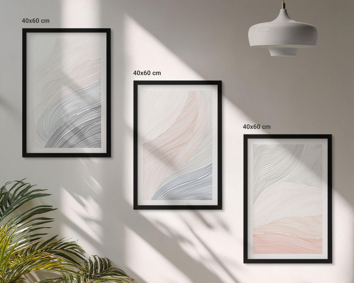 BILDER SET 3er Set - 40x60 cm Schwarzer Rahmen - Abstrakte Wellen, Karton, Pastell - Schwarz, Kunststoff (40/60cm) - TULUP