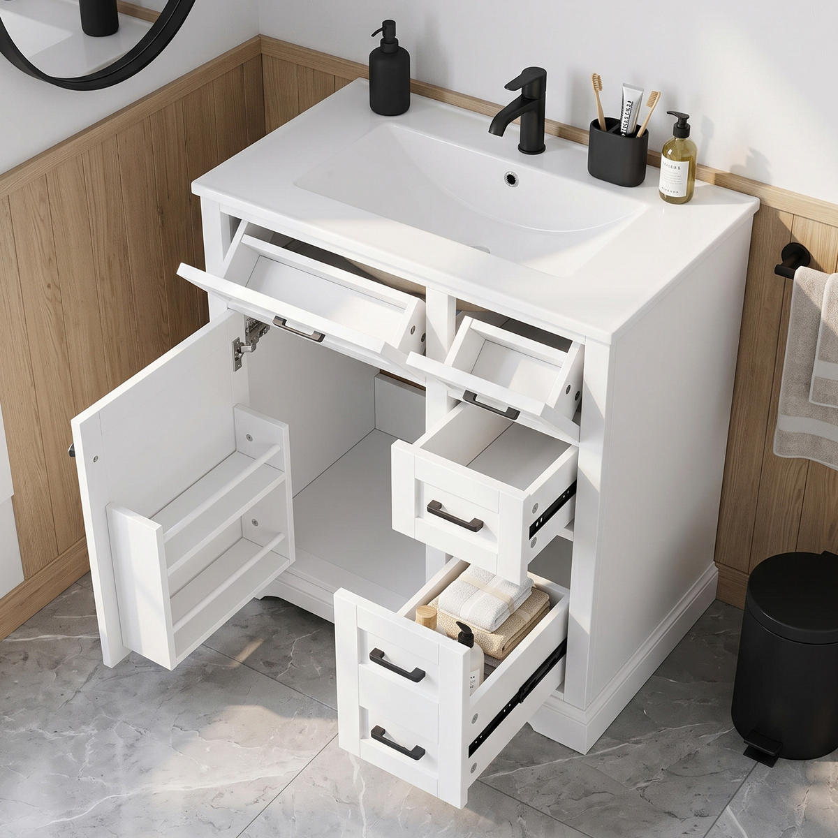 WASCHTISCH 76cm Keramikbecken 4 Schubladen Türregal Weiß - Weiß, Holzwerkstoff (76/82/47cm) - Urban Meuble
