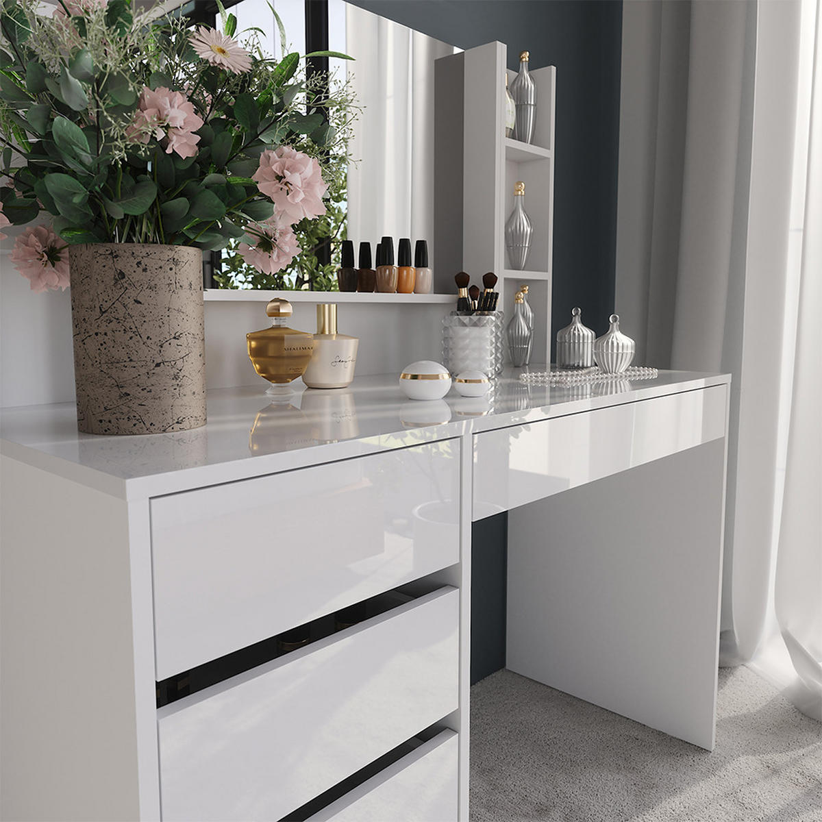 SCHMINKTISCH Sherry Weiß/Weiß Hochglanz 119.8 cm 4 Teile - Weiß Hochglanz, Holzwerkstoff (119.8/76/50.1cm) - Vicco