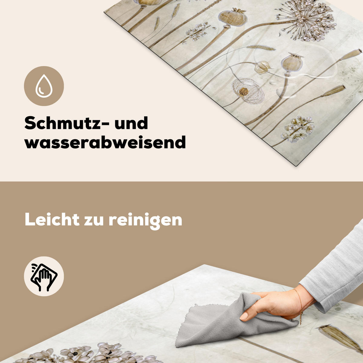 HERDABDECKPLATTE Blumen - Aquarell - Stilleben - Braun - Vintage 83x51 cm - Sandfarben, Kunststoff (83/51.5/0.2cm) - MuchoWow