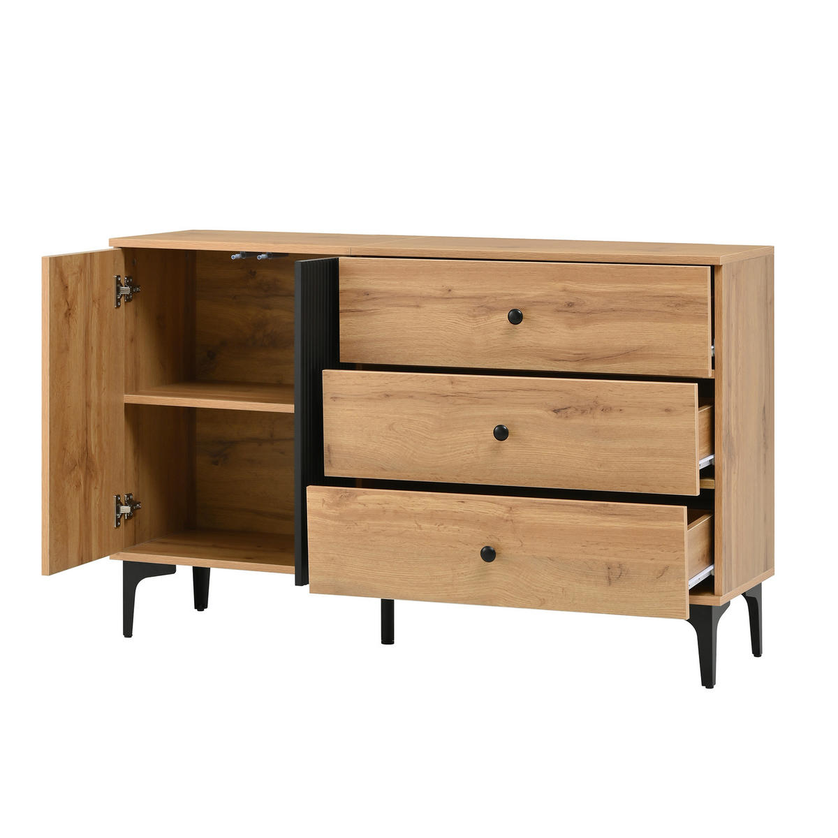 SIDEBOARD 120 cm Naturholz & Schwarz mit Tür, 3 Schubladen & Metallbeinen im skandinavischen Stil - Naturfarben, Holzwerkstoff (120/76/35cm) - Urban Meuble