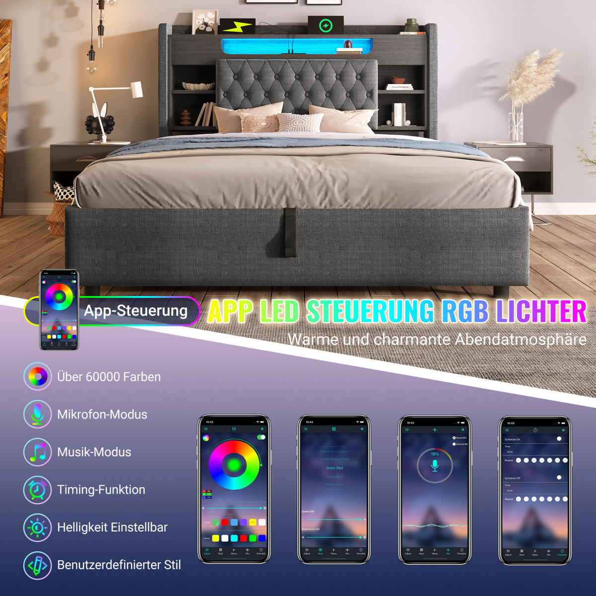 POLSTERBETT 140/200 cm aus Leinen mit Bettkasten LED und USB-C Grau - Grau, Textil (140/200cm) - Modenvie