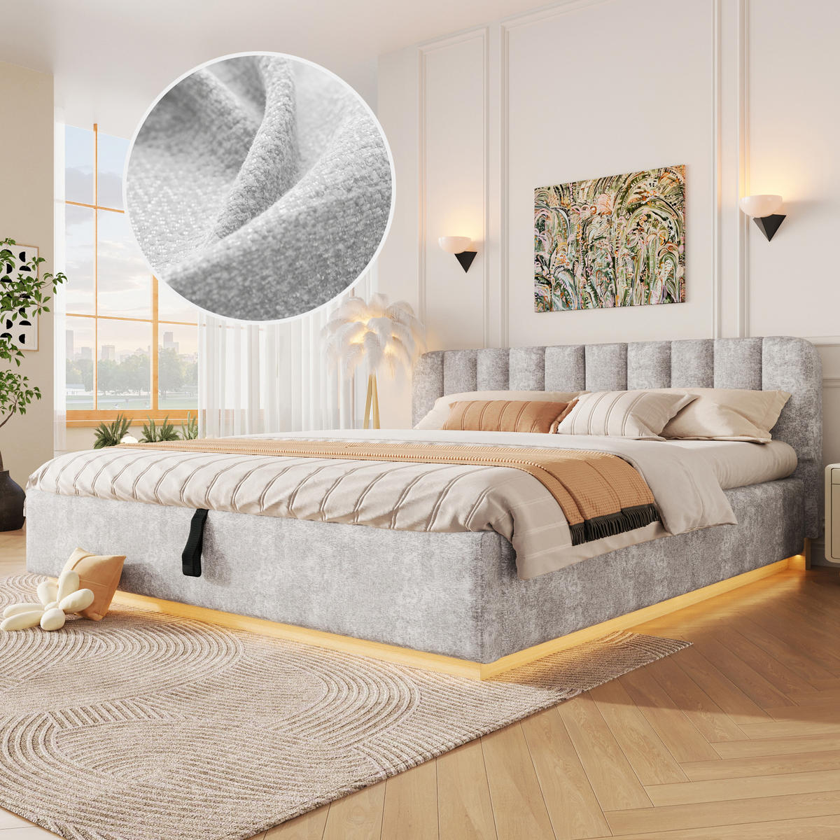 ČALOUNĚNÁ POSTEL 180x200cm Úložná LED Žinylka Světlešedá - šedá, kompozitní dřevo (180/200cm) - FLIEKS