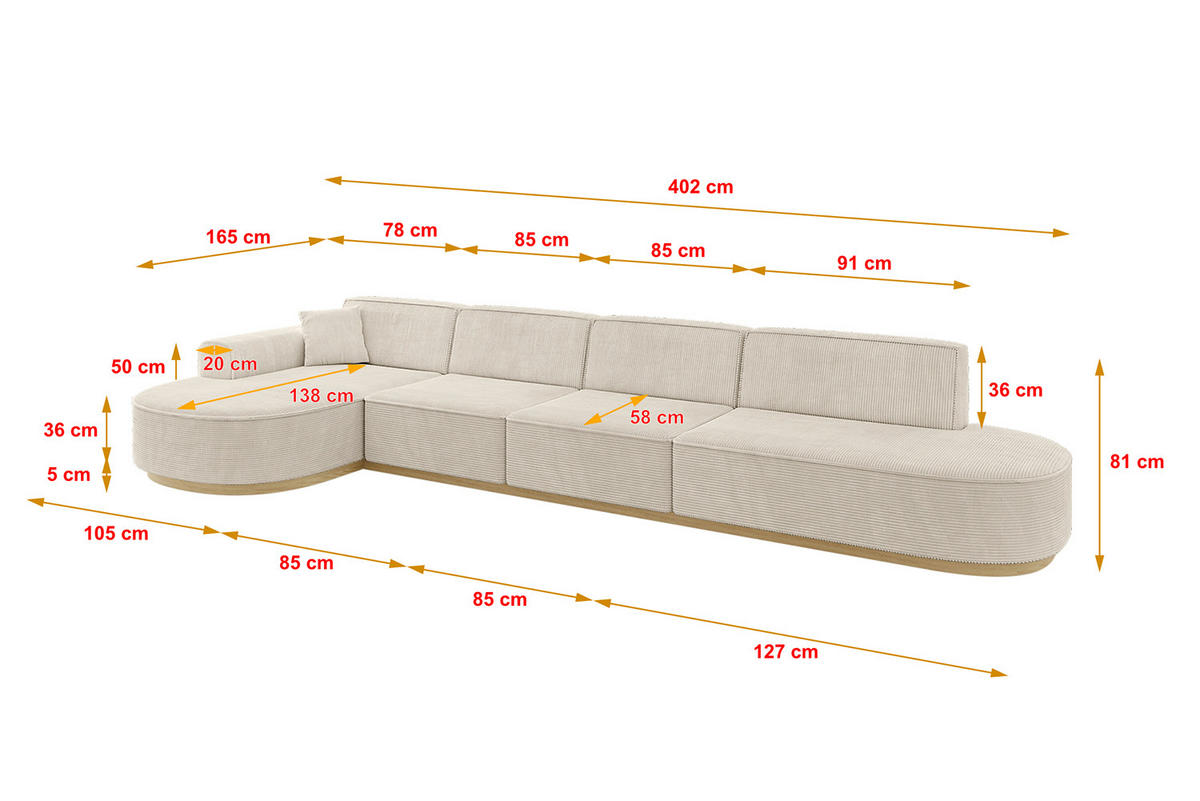 ECKSOFA Ottomane Links MARI-L3-v2 - 413x171x83 cm Beige Cord - Beige, Holzwerkstoff/Textil (413/171cm) - ALTDECOR