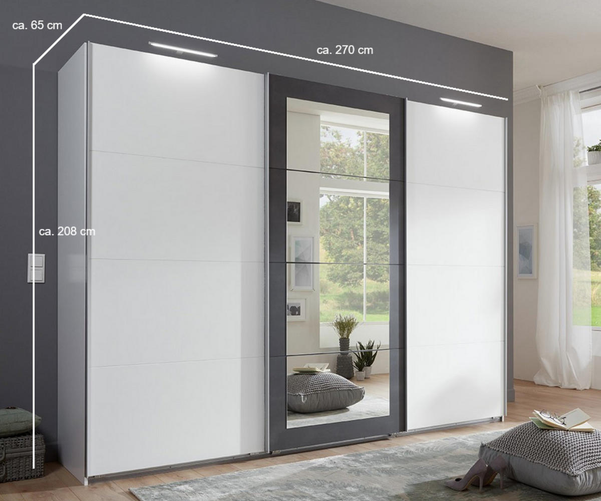 SCHWEBETÜRENSCHRANK 3-türig B270/H208/T65 cm in Weiß mit Absetzungen in grauer Stahl-Optik / 22001 - Alufarben/Weiß, Holzwerkstoff/Metall (270/208/65cm) - luma-home