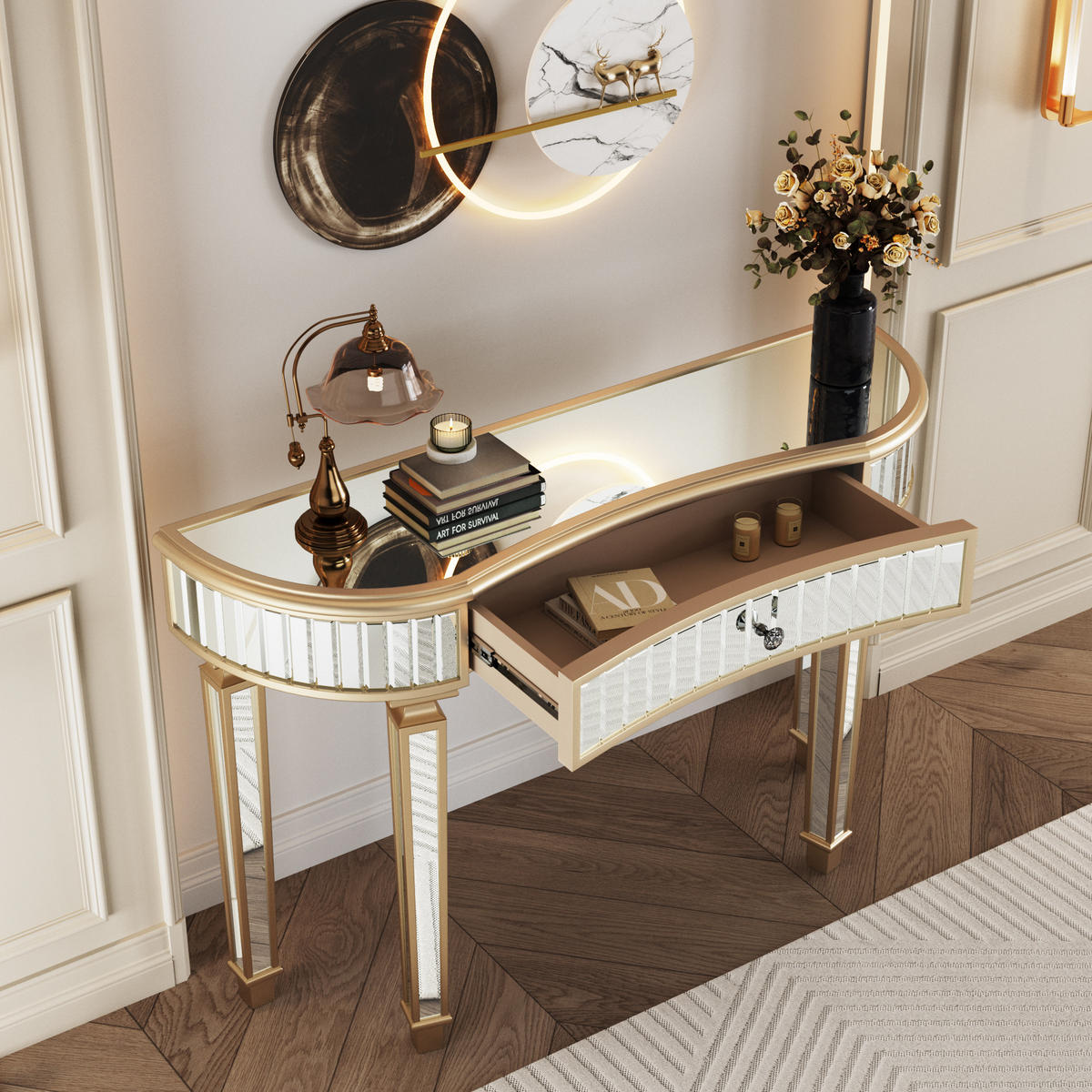 KONSOLENTISCH Halbmond Gold/Silber Spiegelglas Schublade 120 cm - Silberfarben/Goldfarben, Glas/Holzwerkstoff (120/38/78cm)