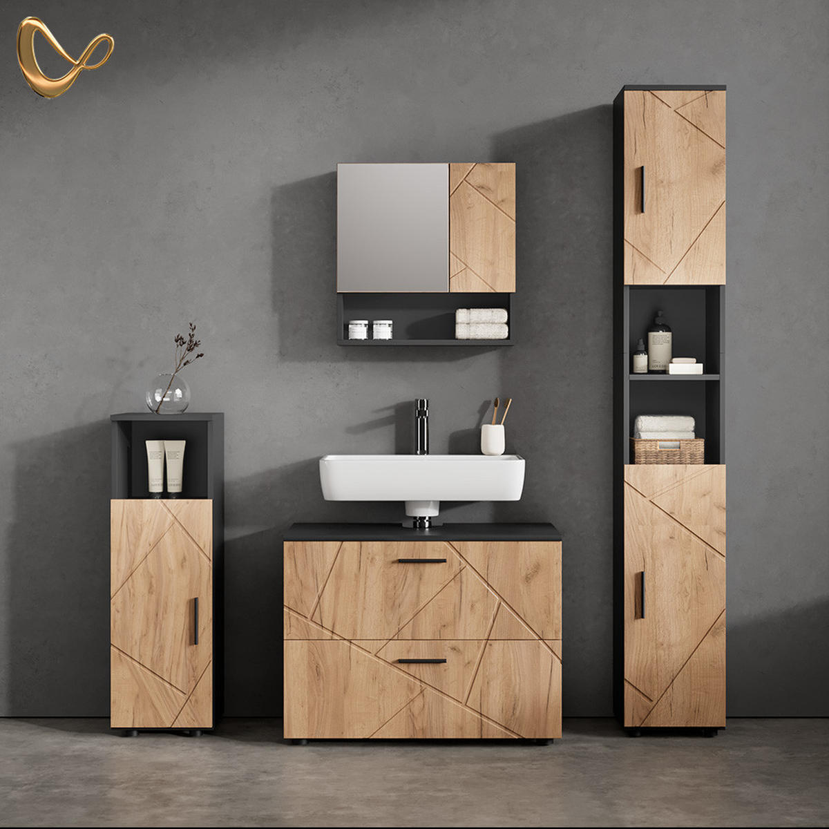 BADMÖBEL-SET Ronco Goldkraft Eiche/Anthrazit 4 Teile, mit Schubladenschrank und Hochschrank - Anthrazit/Eiche Wotan, Holzwerkstoff (80/58/41cm) - Livinity®