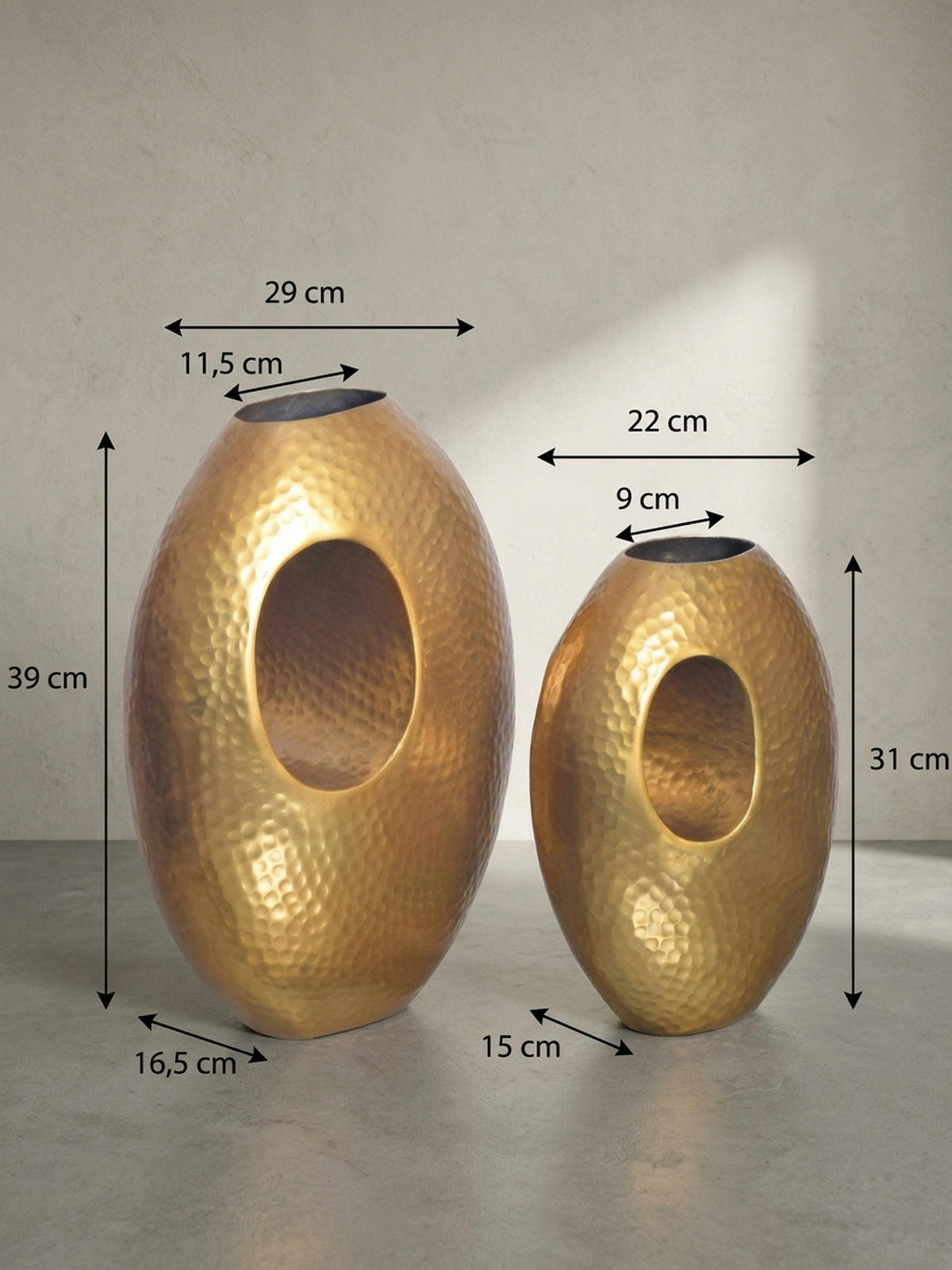 VASE 2er Set Aluminium mit Tragegriff Hammerschlag Modern Handgefertigt, Gold 29x17x39 cm - Goldfarben, Metall (39cm) - KADIMA DESIGN