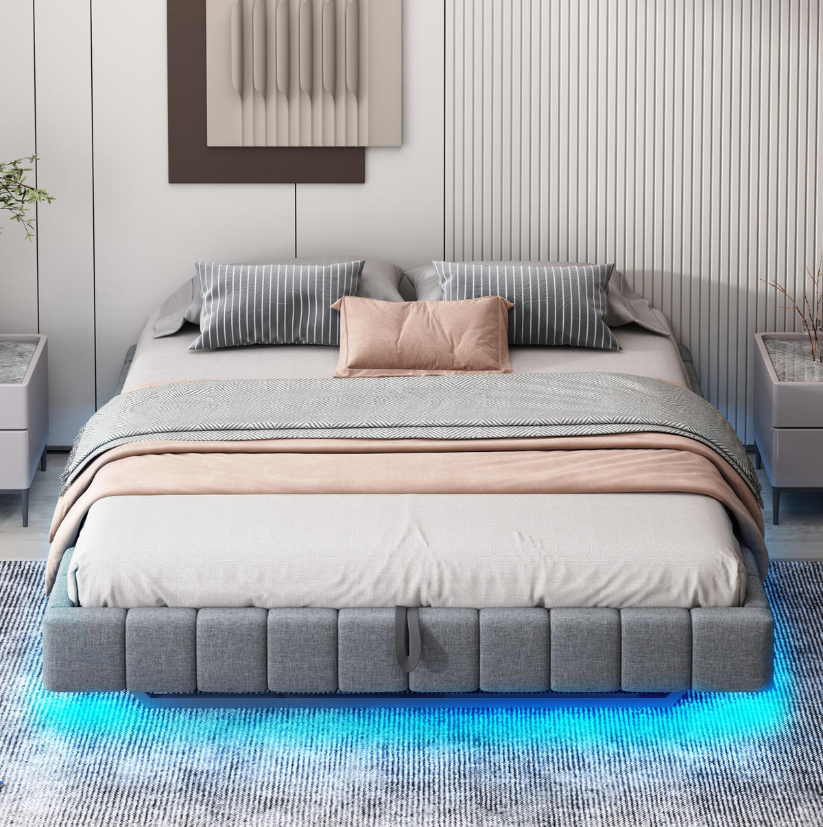 POLSTERBETT 180/200 cm Grau mit Stauraum und LED-Beleuchtung - Grau, Textil (180/200cm) - Flora Grace