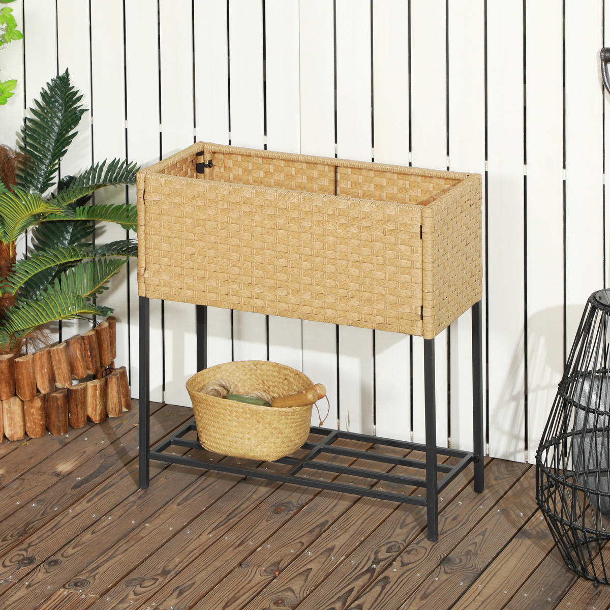 POLY Rattan, Hochbeet, Blumenkasten - Sandfarben, Metall (30/70/70cm) - Outsunny