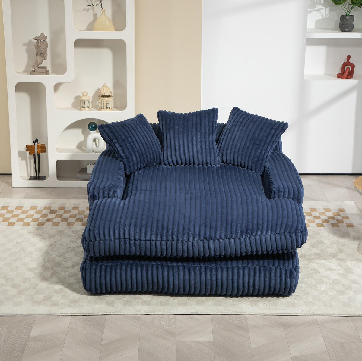 BIGSOFA 125/155/63 cm in Marineblau aus Cord mit Chaiselongue-Charakter - Dunkelblau, Textil (63/125/155cm) - BEAOK