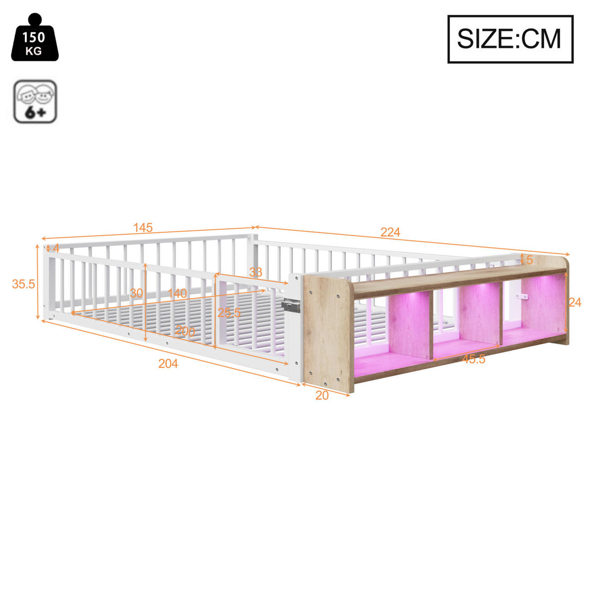 KINDERBETT 140/200 cm, Weiß mit Schutzgeländer und Stauraum - Weiß, Metall (140/200cm) - MIVRAY