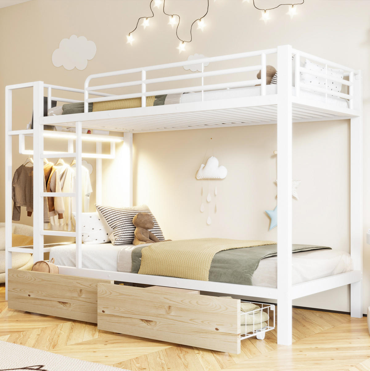 ETAGENBETT 90/200 cm Weiß mit LED, Schubladen und Wäscheständer ohne Matratze - Weiß, Metall (90/200cm) - MIVRAY