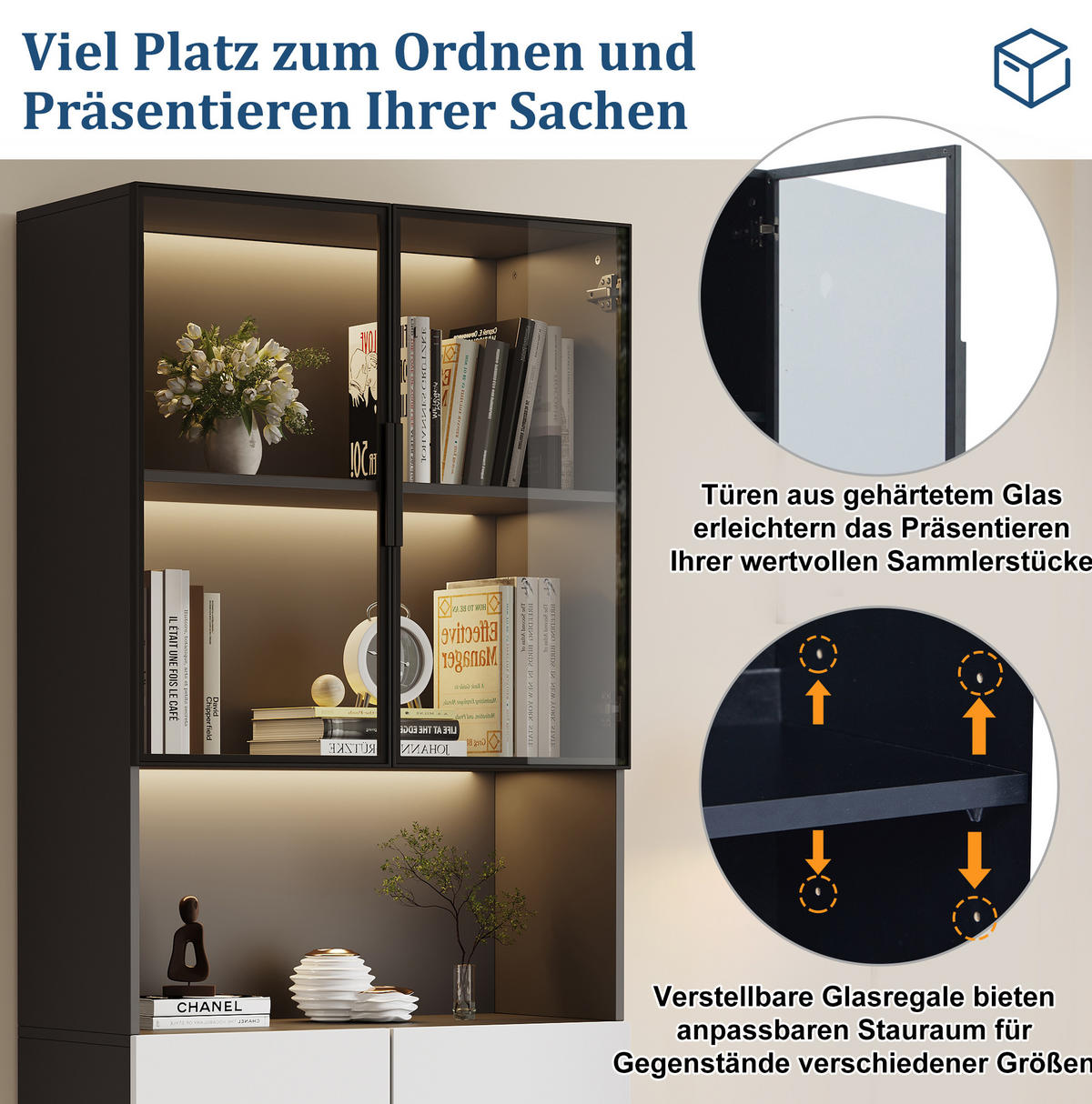 VITRINE 80/30/200 cm aus Holzwerkstoff mit LED-Beleuchtung und Glastüren Weiß - Weiß, Holzwerkstoff (80/200/30cm) - Modenvie