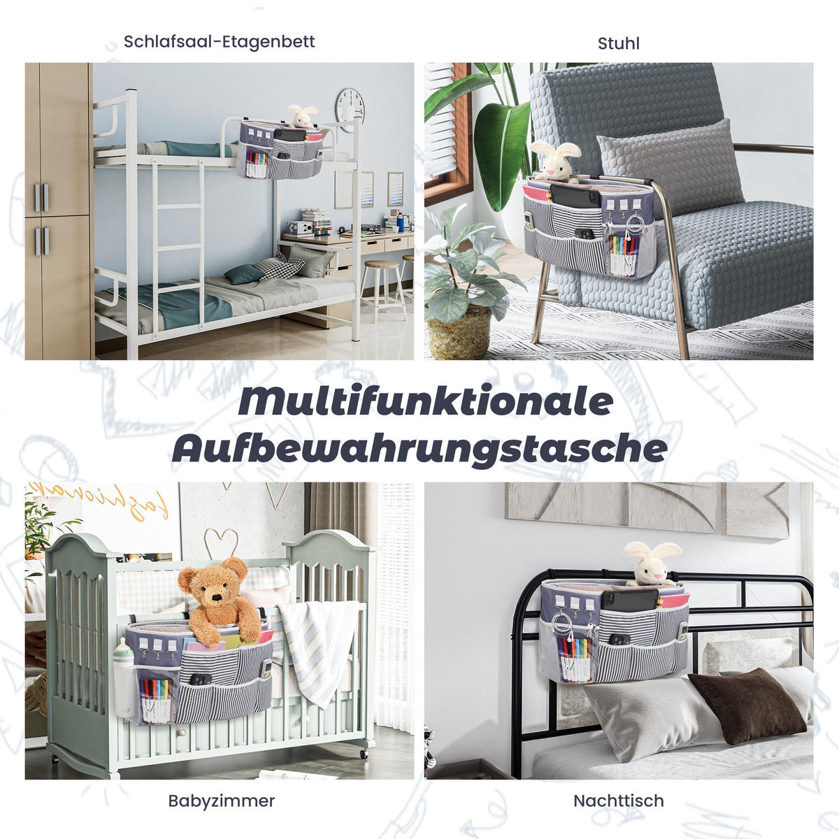 NACHTTISCH-AUFBEWAHRUNGSTASCHE zum Aufhängen extra groß - Blau/Weiß, Textil - Vercart
