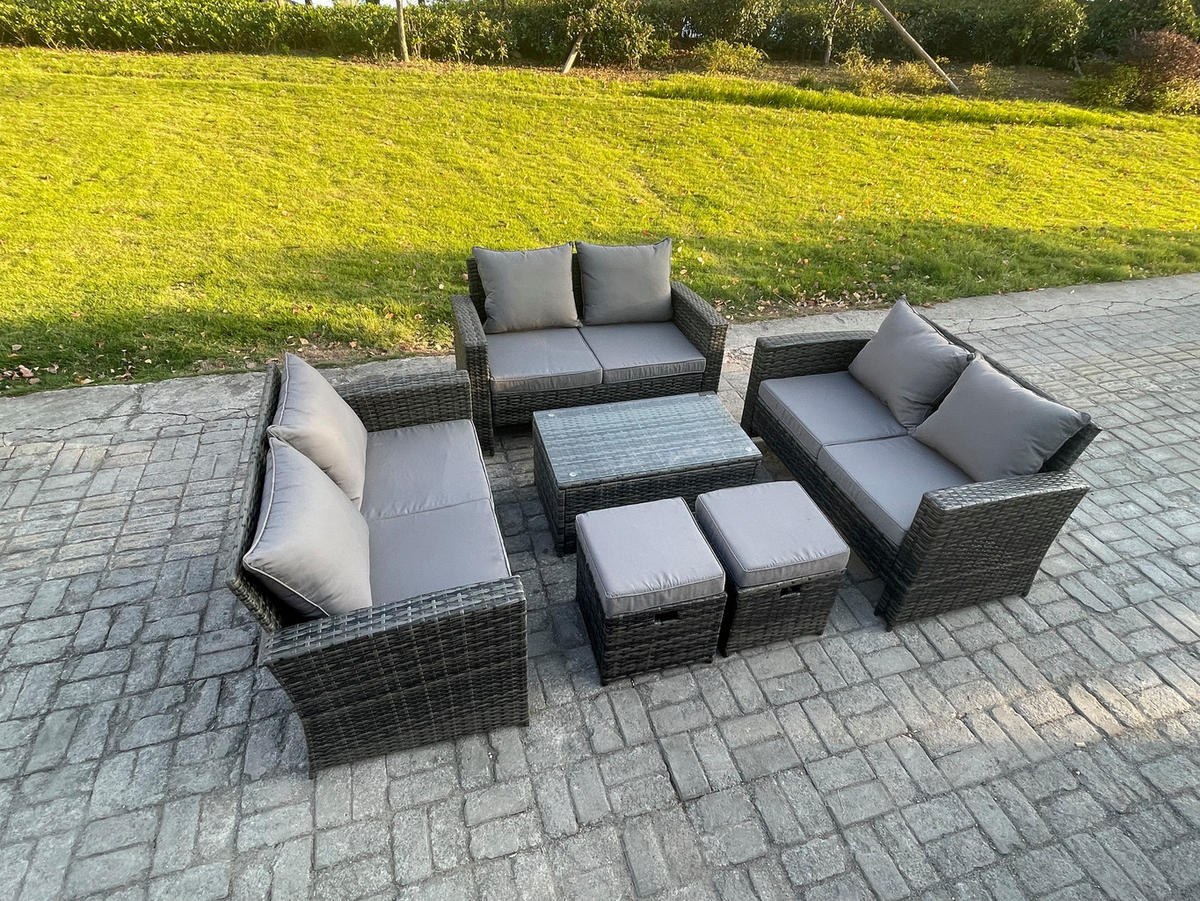 GARTENMÖBEL-SET mit Kissen Polyrattan Dunkelgrau 8-Sitzer - Dunkelgrau, Metall - Fimous