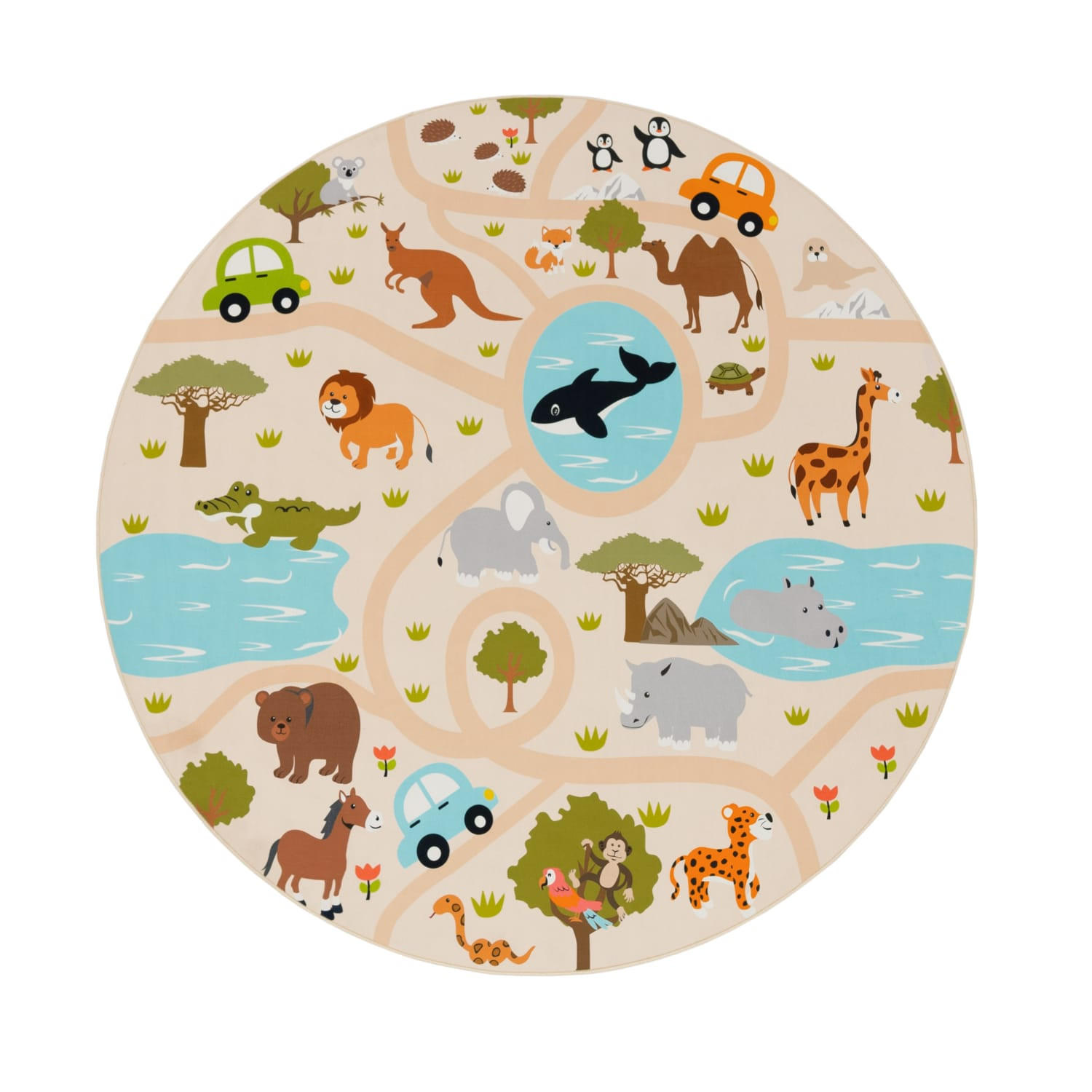KINDERTEPPICH waschmaschinenwaschbar Safari‑Straßen‑Muster Kinderzimmer schmutzabweisend Mehrfarbig Rund 160D - Multicolor, Textil (160/160cm) - KADIMA DESIGN