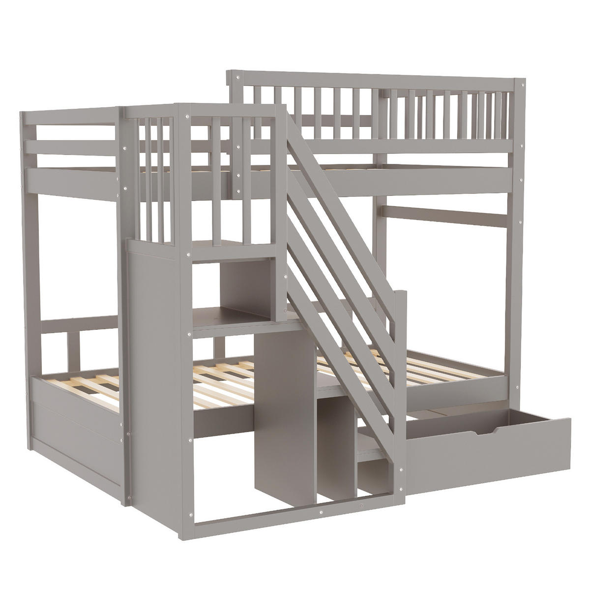 ETAGENBETT 90/200 cm mit Stauraumtreppe, Schublade, Lattenrosten und hohem Sicherheitsgeländer, Grau - Grau, Holzwerkstoff (90/200cm) - Redom