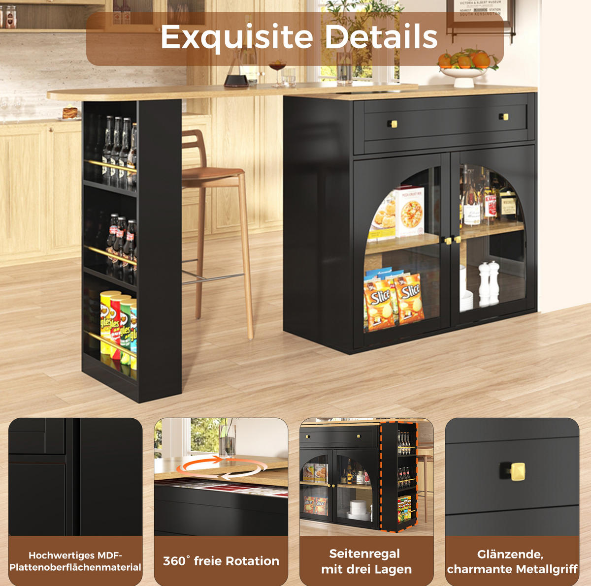 BARTISCH, MDF ausziehbar 138-204/39/104 cm mit Stauraum & 360° drehbar, Schwarz - Schwarz, Holzwerkstoff (39/104/138cm) - Redom
